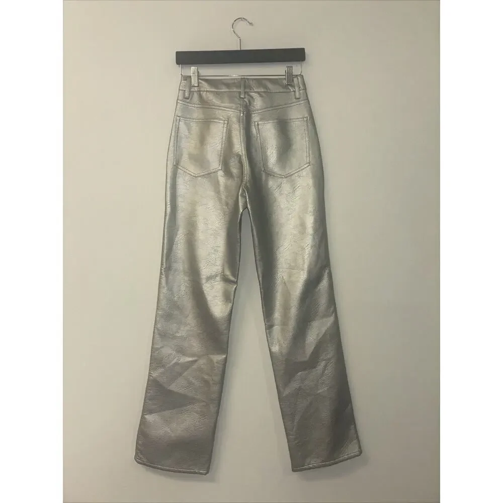 Metallic Leather Pants Women’s Silver Sz 4 H&M Reputation Swiftie Cybercore Rock